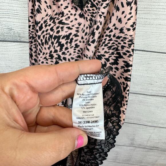 Joyspun Plus Size Pink Black Printed Sleeveless Lace Trim Sleep Satin Chemise 3X - Picture 5 of 8